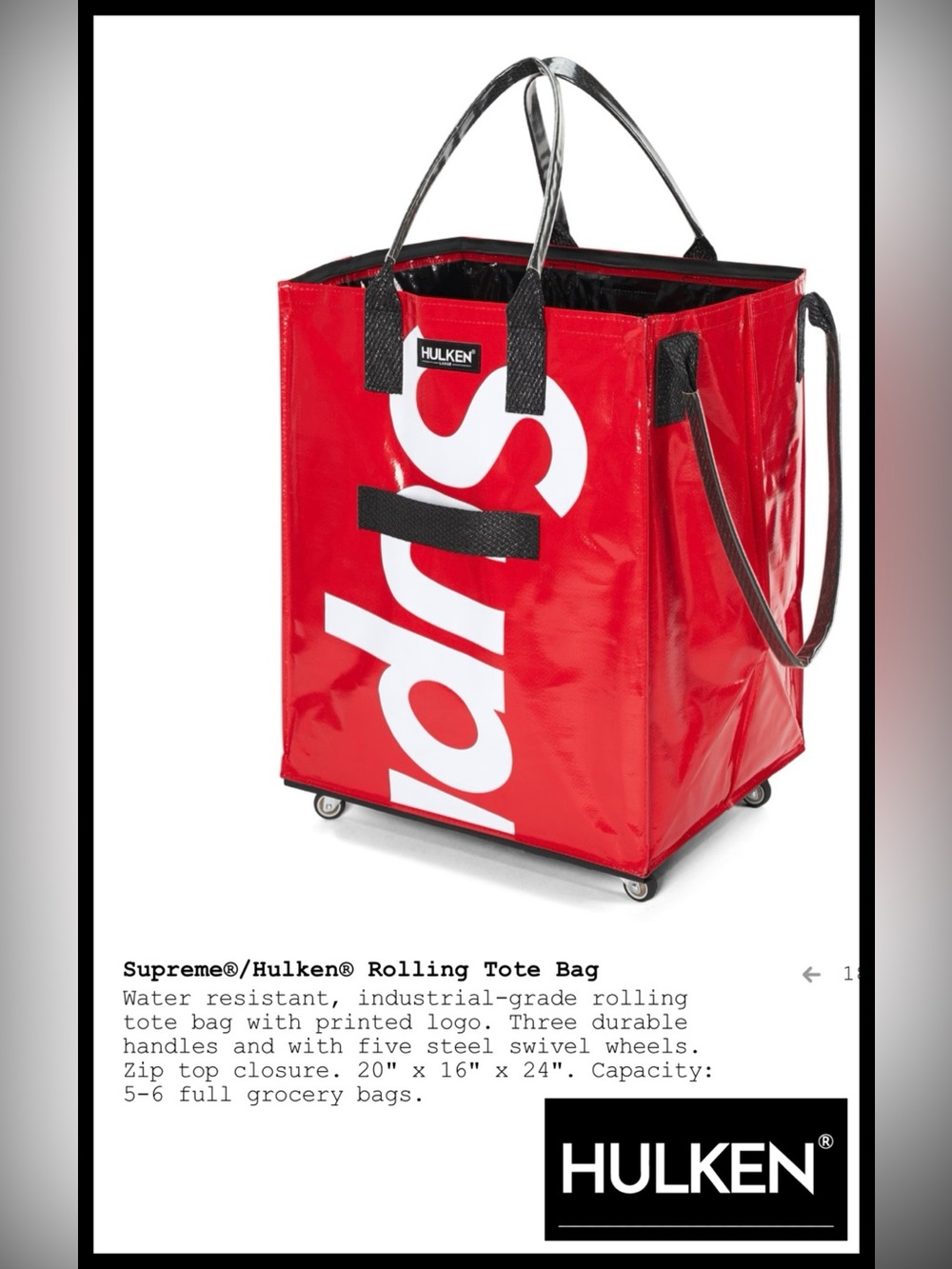Hulken Large Red Supreme Rolling Tote Bag.